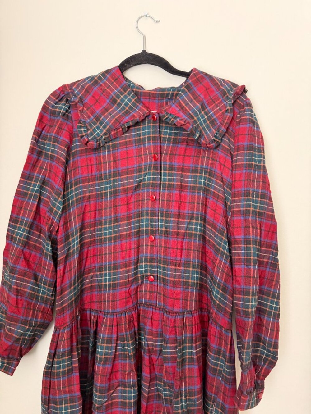 Vintage Holiday 1980s Laura Ashley Red Tartan Sailor Tie Neck Collar Dress